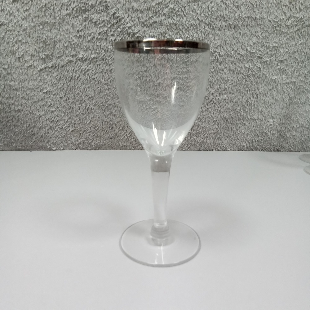 Vintage Clear‎ Glass Wine Goblet with Silver Metallic Rim Stemware 5.5 Inch
